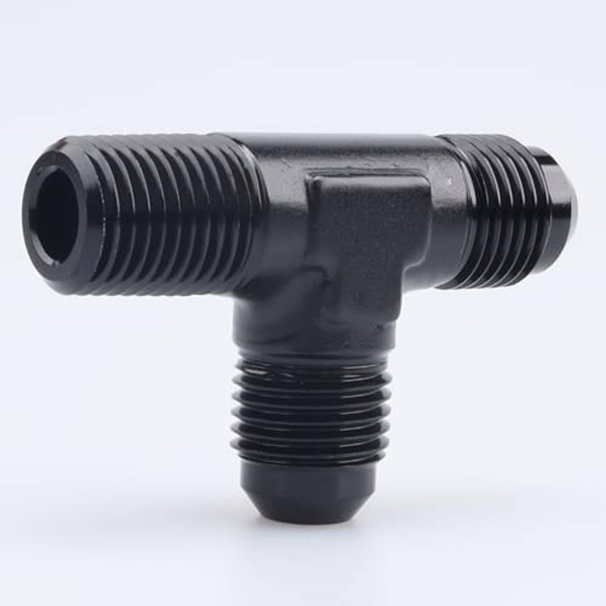 Black AN male flare tee with two threaded ends and center 1/2 NPT port