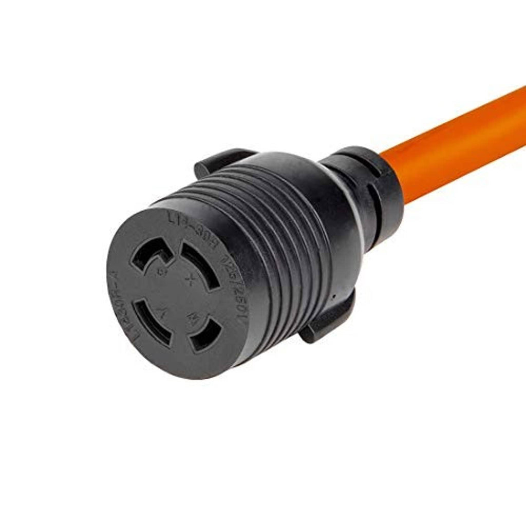 L14-30R outlet end on black adapter with orange cable and ribbed connector