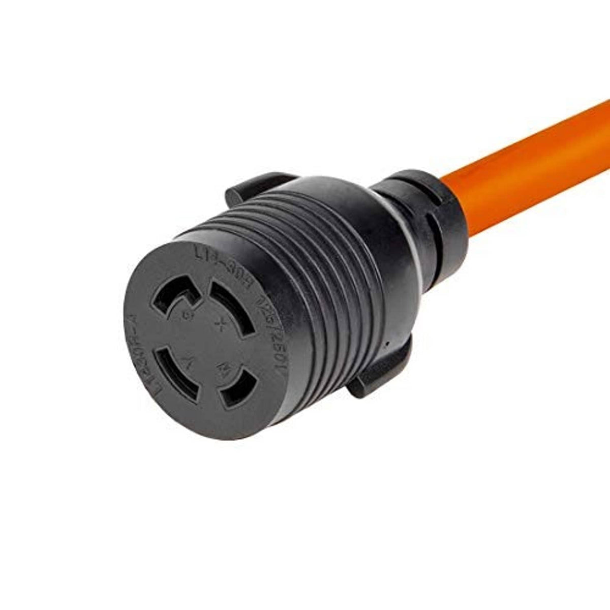 L14-30R outlet end on black adapter with orange cable and ribbed connector