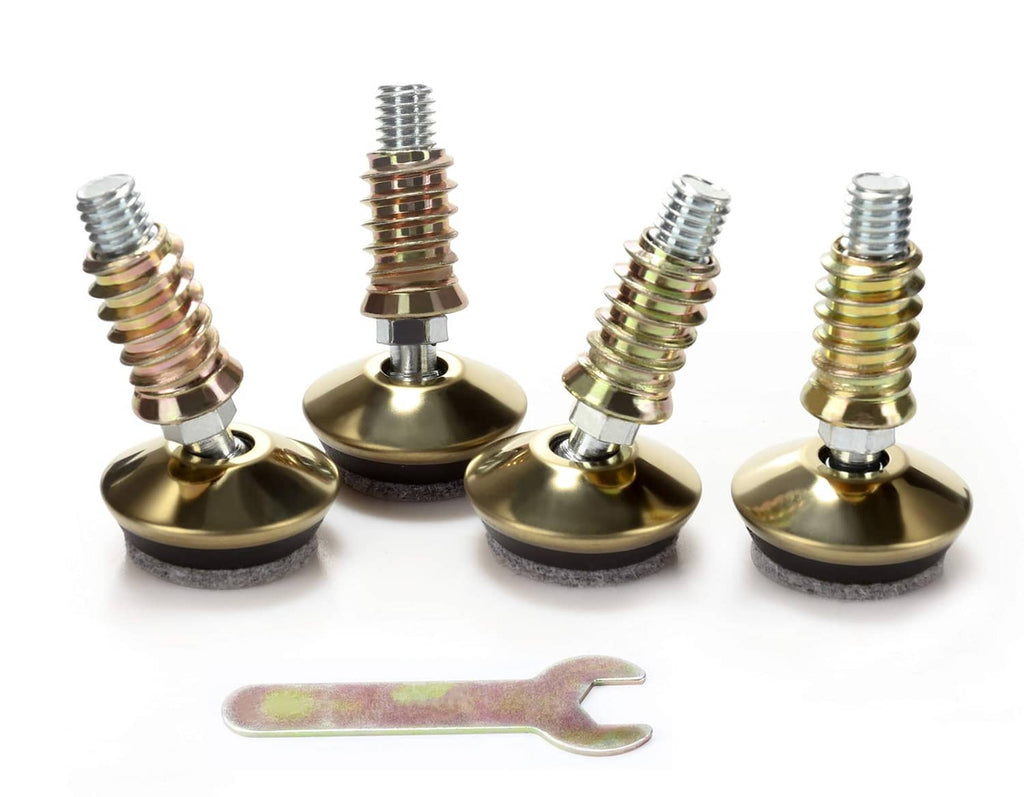 Swivel furniture levelers set of four, gold bases, threaded stems, and felt pads