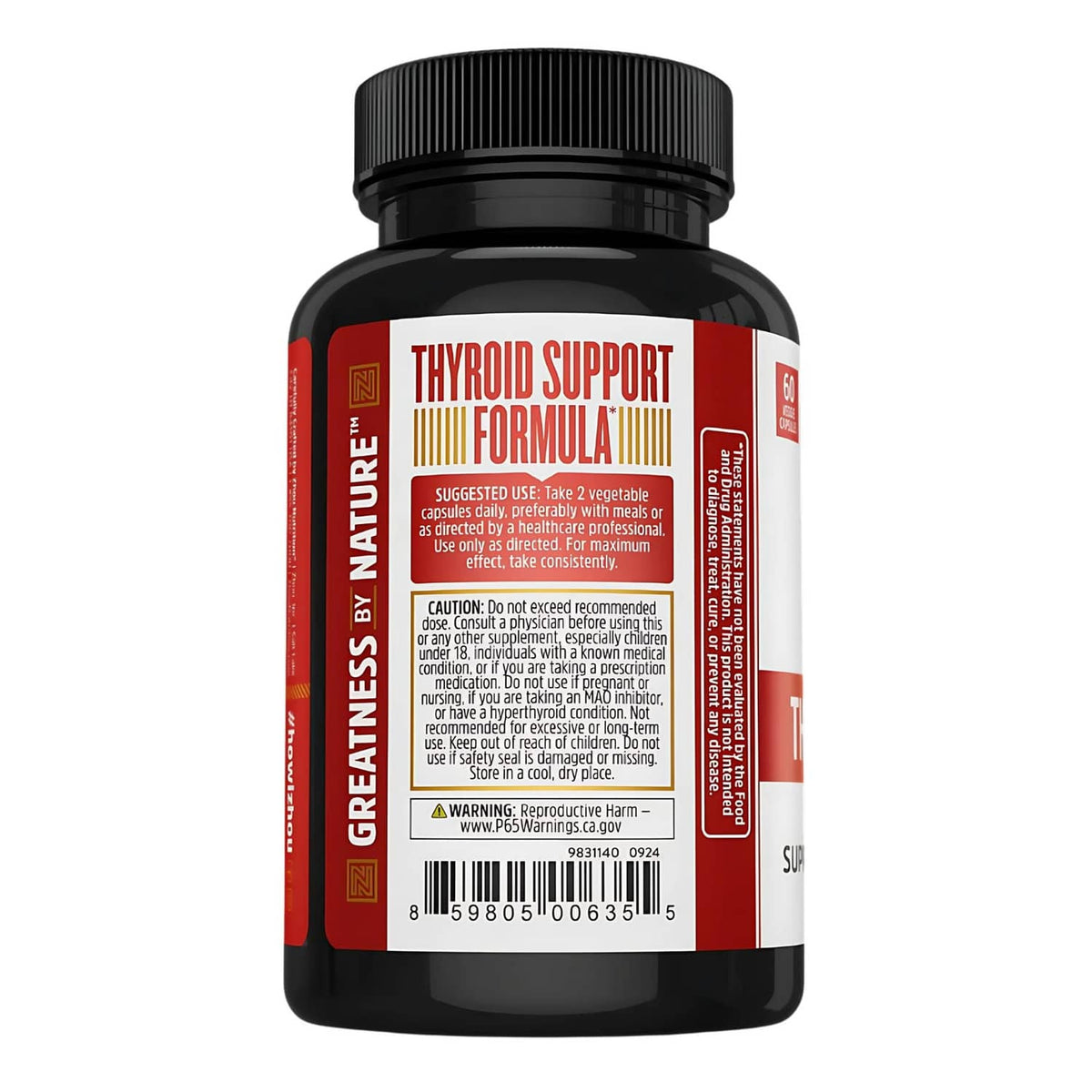 Zhou Thyroid Support formula bottle back label, black cap, supplement facts