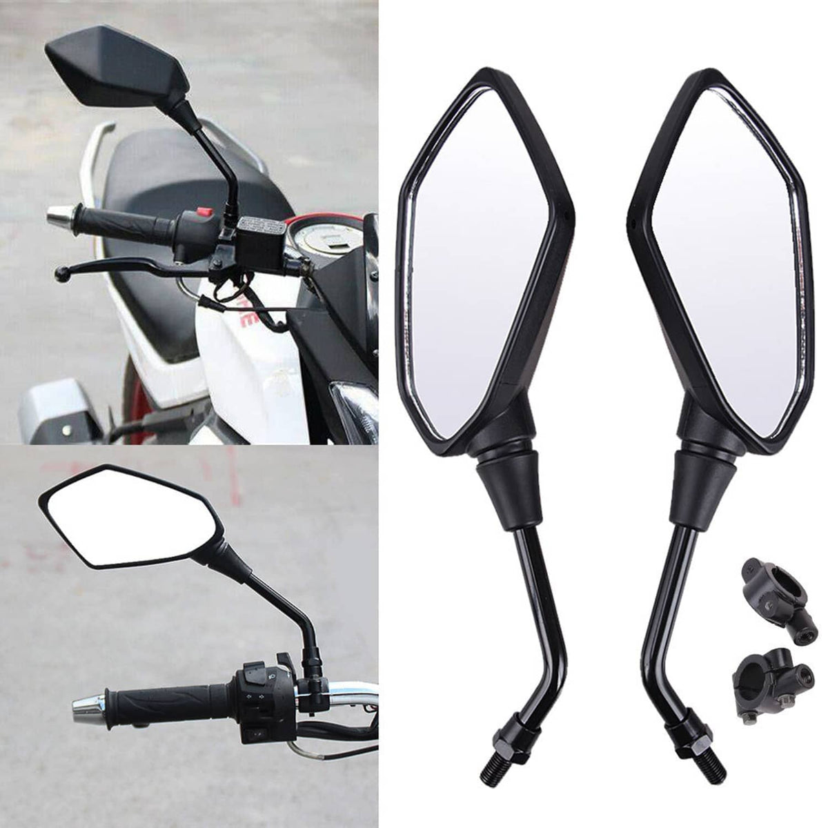 Universal black side mirror pair with curved glass and handlebar clamp brackets