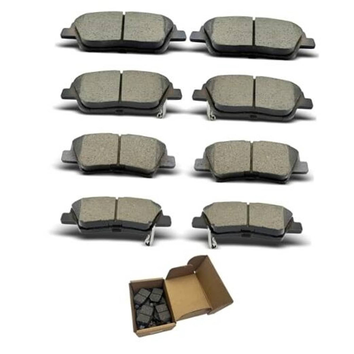 Brake pad set with eight gray friction pads, shown as four pairs