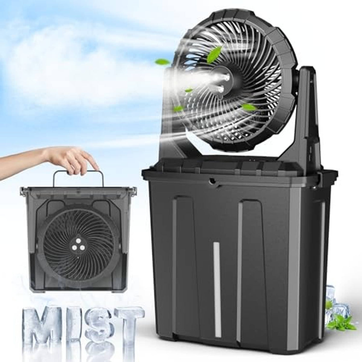 Black portable misting fan with mist nozzle and large water tank bucket base