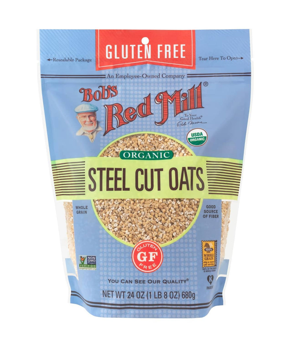 Bob's Red Mill gluten-free organic steel cut oats pouch with “Organic Steel Cut Oats”