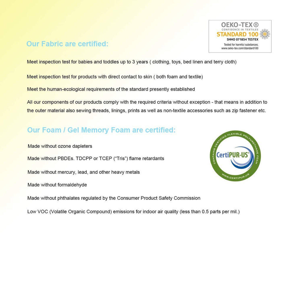 CertiPUR-US and Oeko-Tex standard badges for memory foam pillow materials.