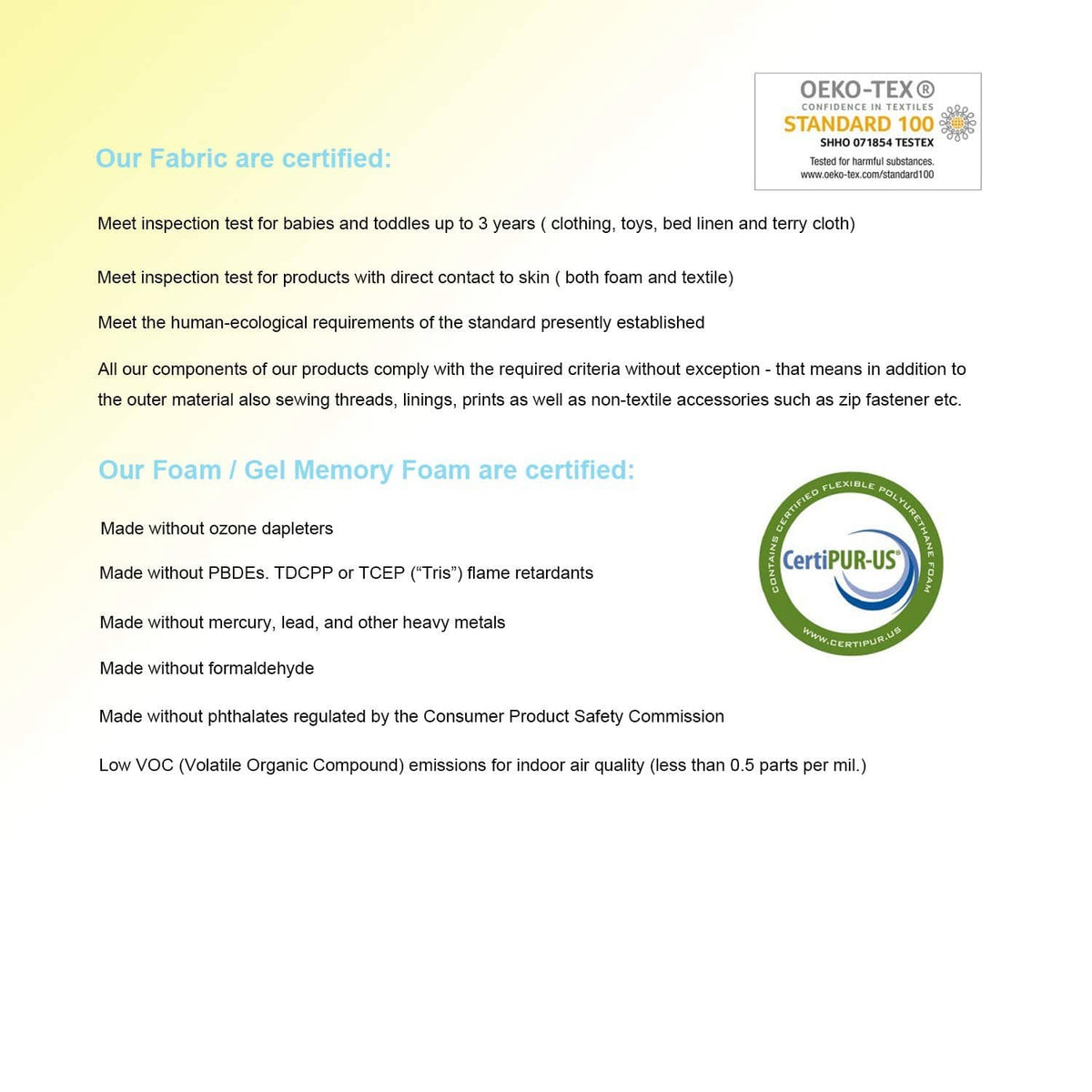 CertiPUR-US and Oeko-Tex standard badges for memory foam pillow materials.