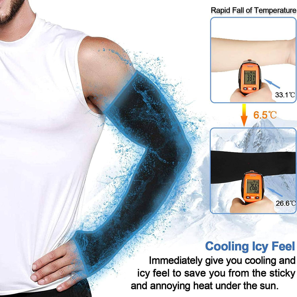 Dark cooling arm sleeve on forearm with water-splash cooling effect