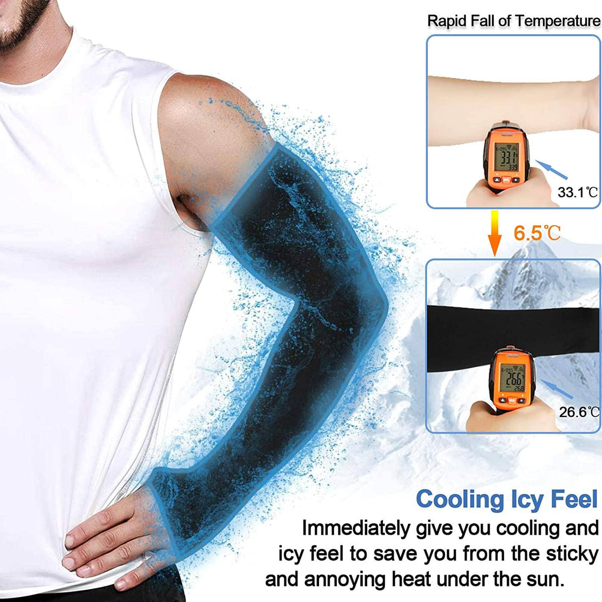 Dark cooling arm sleeve on forearm with water-splash cooling effect