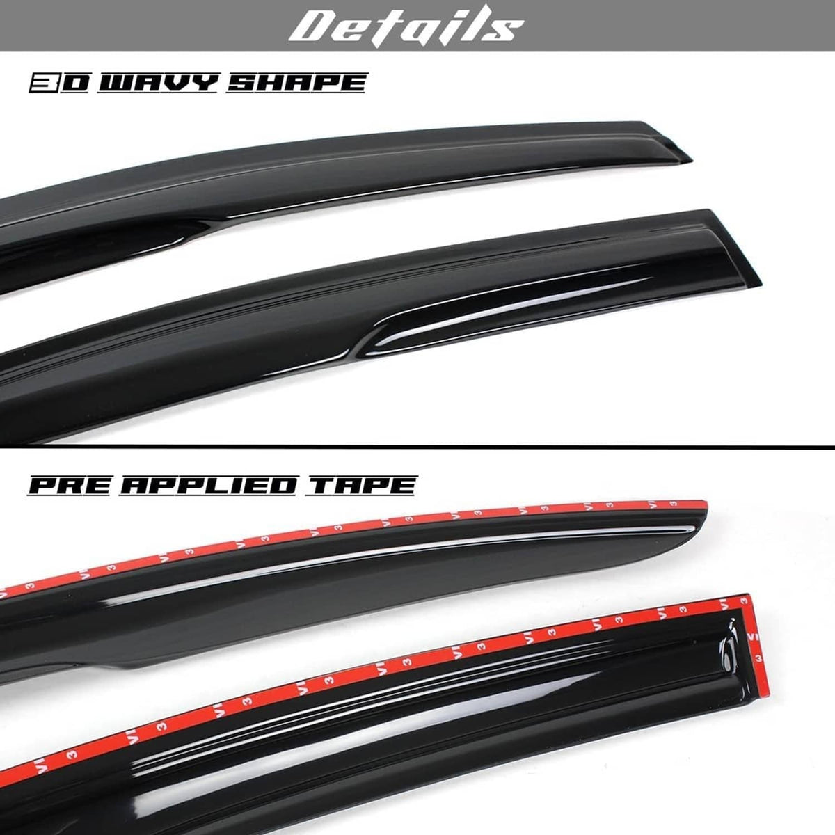 Glossy black window visor rain guard with pre-applied tape detail