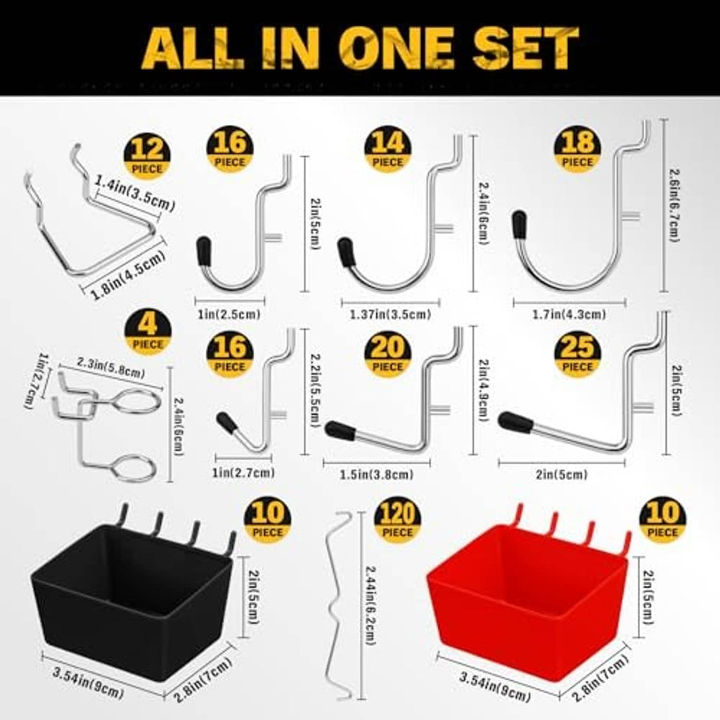 Pegboard hook set size diagram with U-hook styles and black/red tray inserts