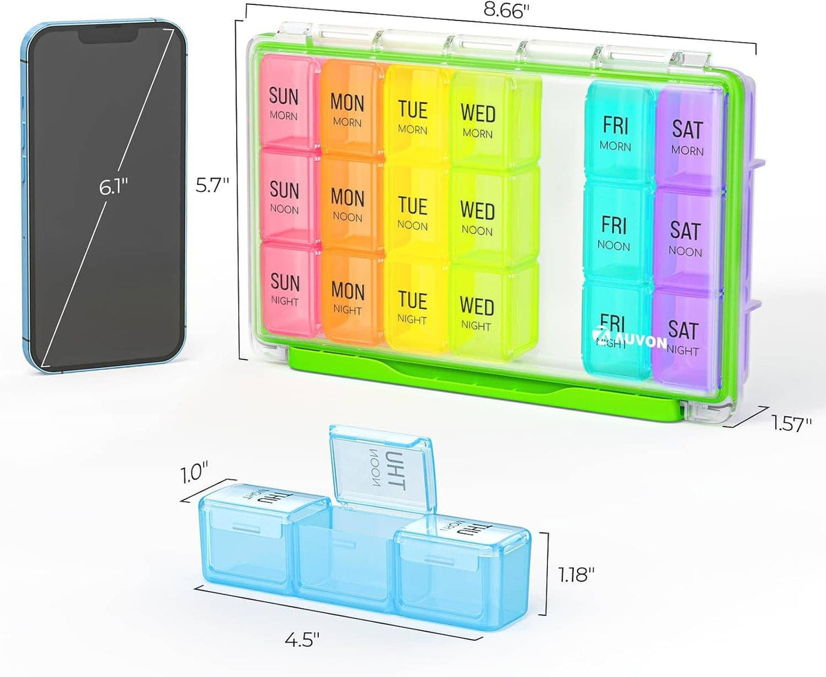 Large weekly pill organizer size view with clear case and colorful day labels