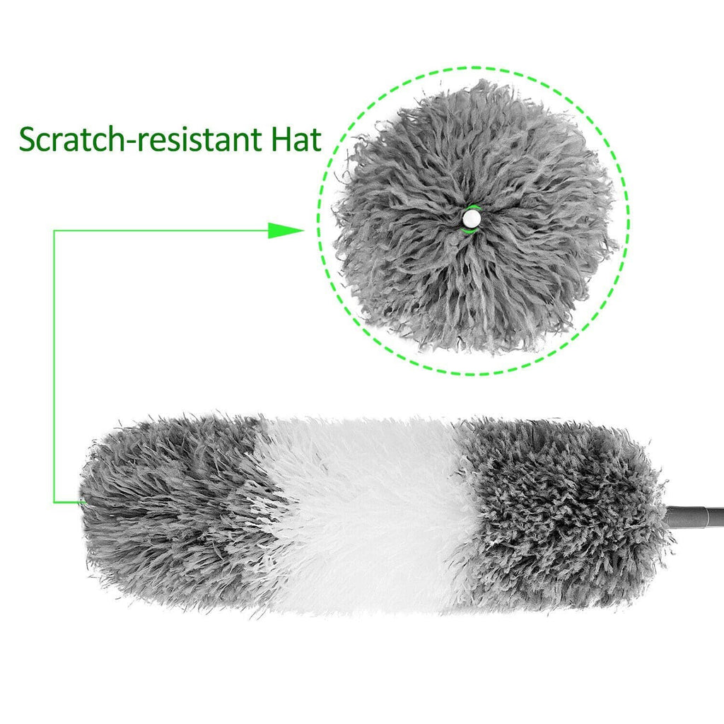 Microfiber feather duster head with dense gray fuzz and white trim on flexible pole
