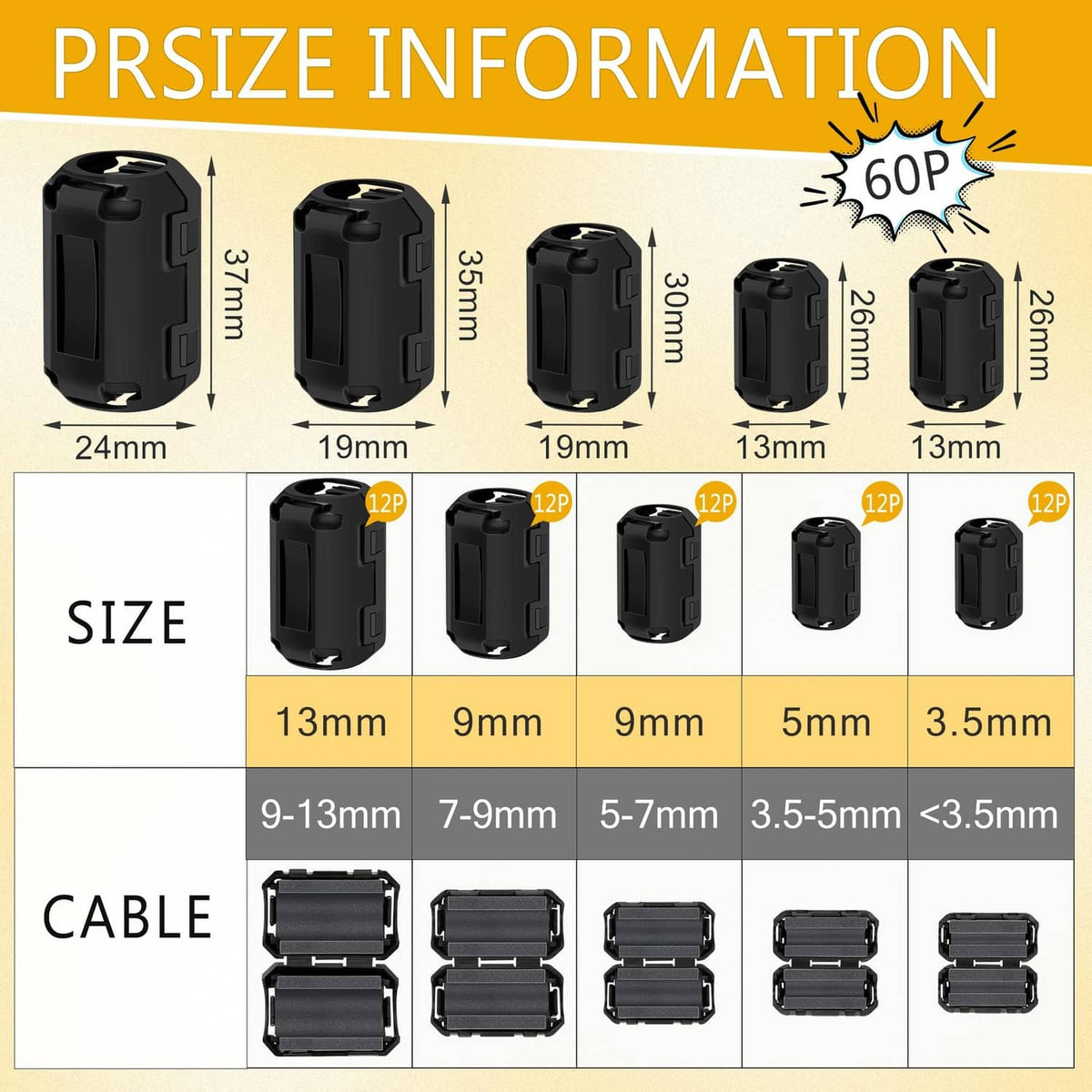 Assorted black snap-on ferrite choke beads with size options shown