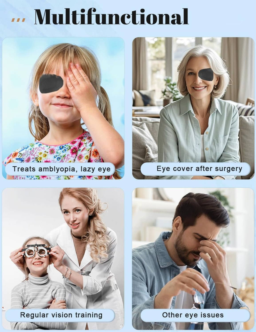 Black oval adhesive eye patch covering a child’s eye.