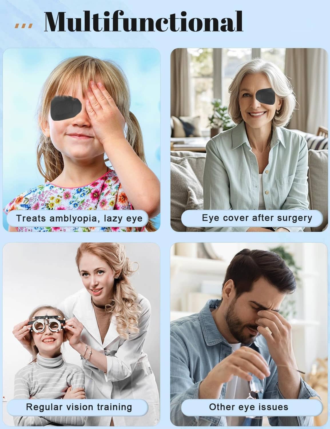Black oval adhesive eye patch covering a child’s eye.