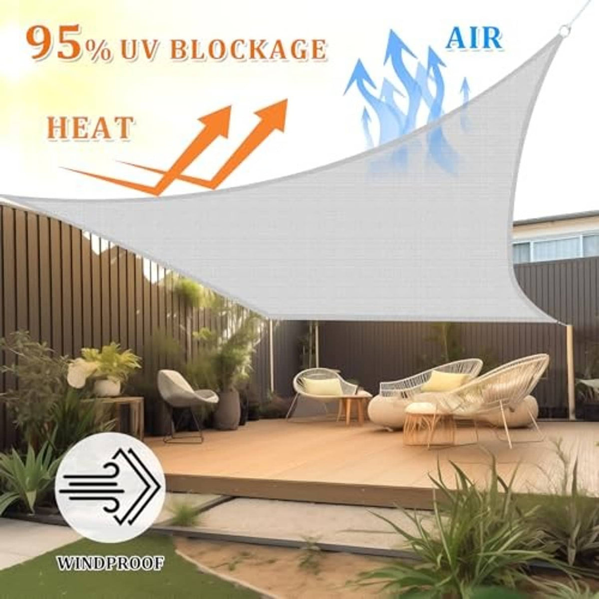 Light grey rectangle sun shade sail canopy over outdoor seating, breathable drape