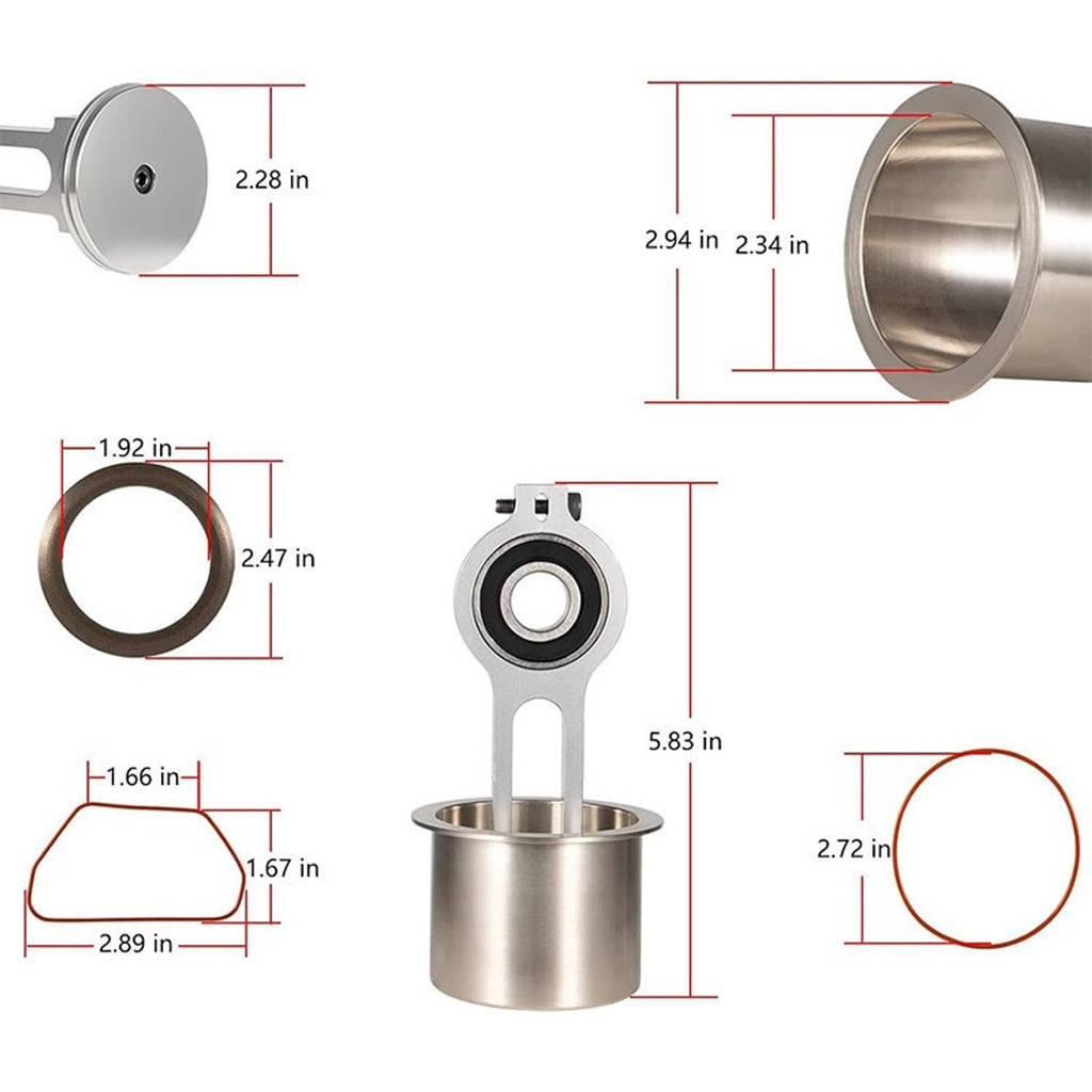 Piston kit components with bearing, cylinder sleeve, and ring seals; size layout