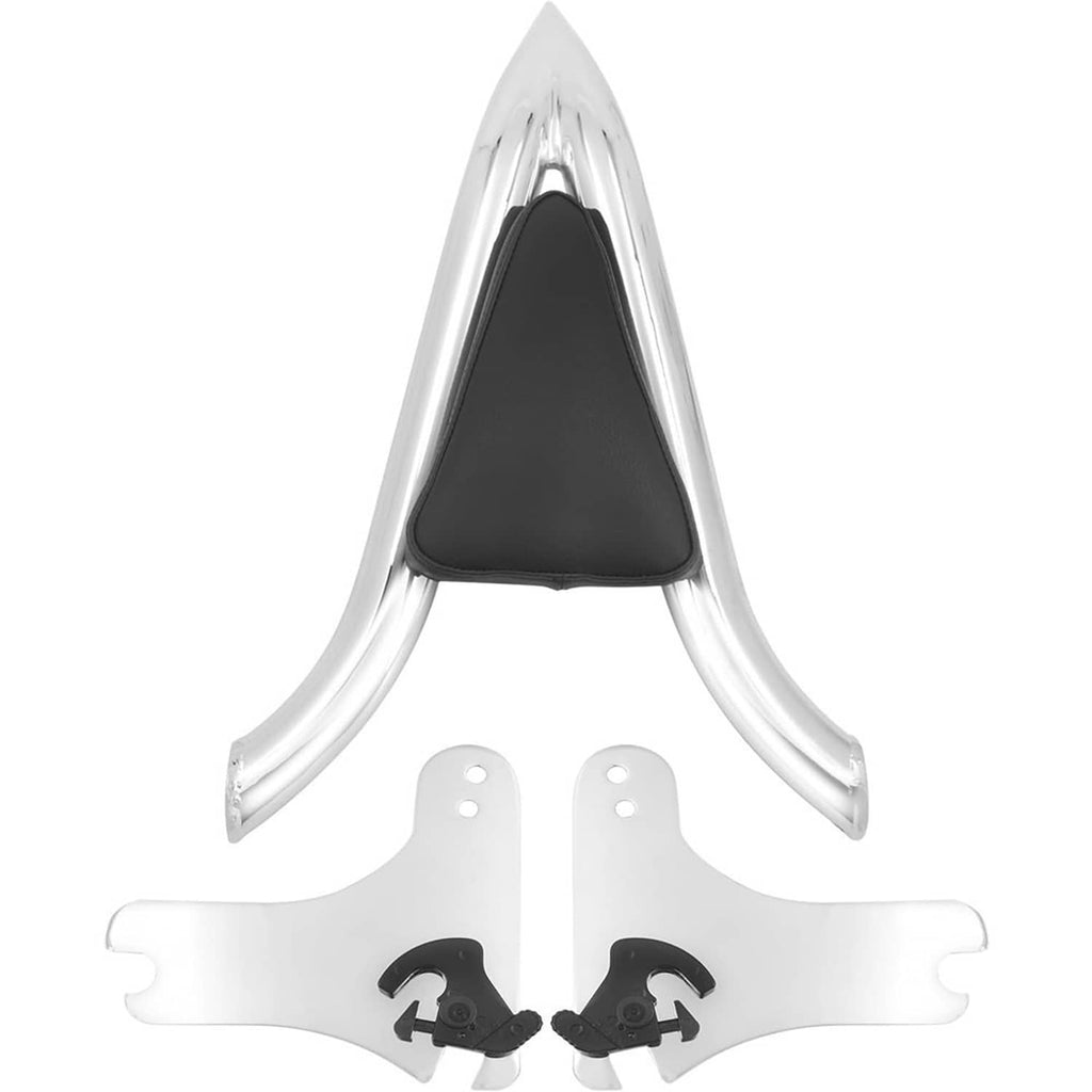 Chrome sissy bar backrest with black pad and matching mounting bracket pieces
