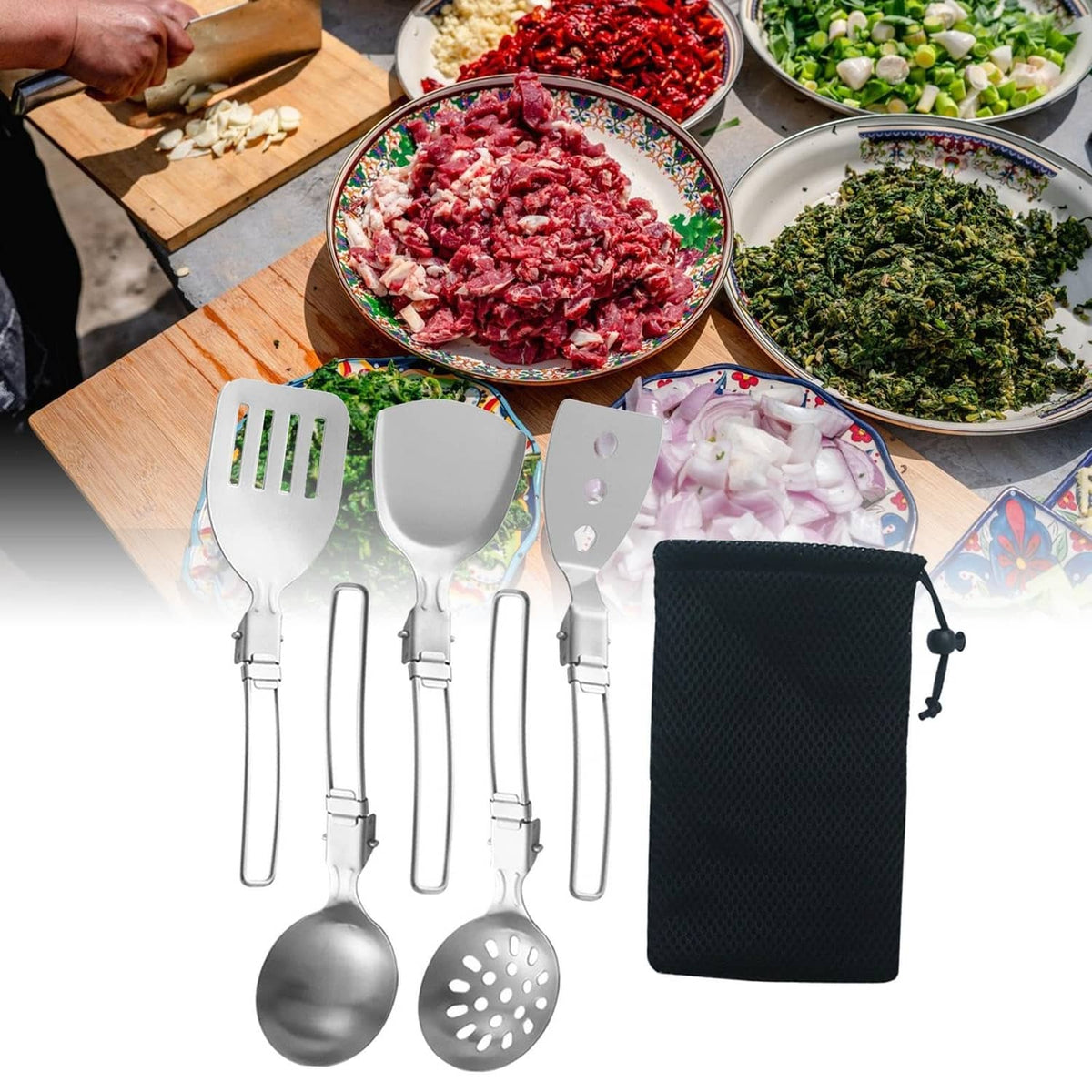 Six-piece silver camp utensil set with black storage pouch