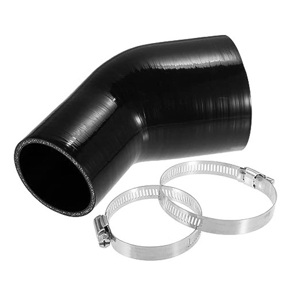 Black 45-degree silicone hose elbow reducer with two silver metal clamp bands