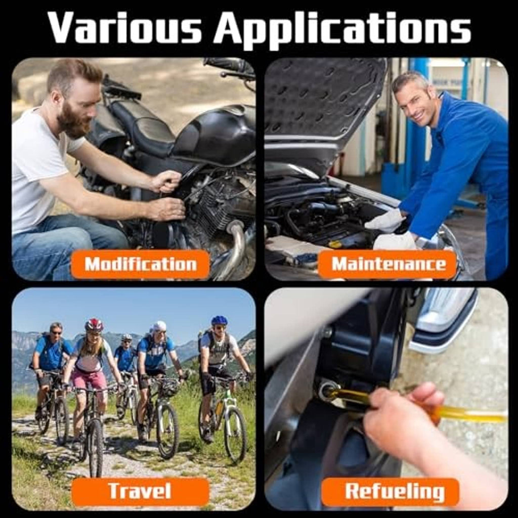 Motorcycle maintenance scene using brake bleeding syringe and hose