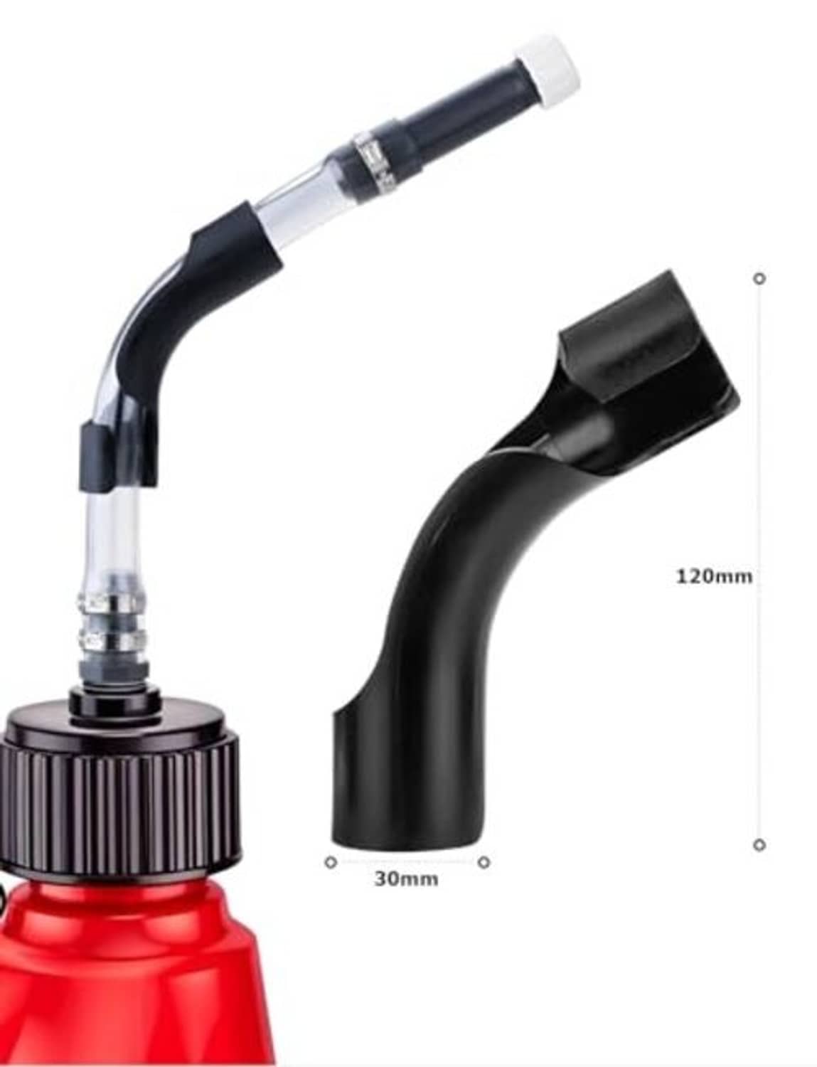 Black fuel hose bender with silver fittings and white end caps on red jug