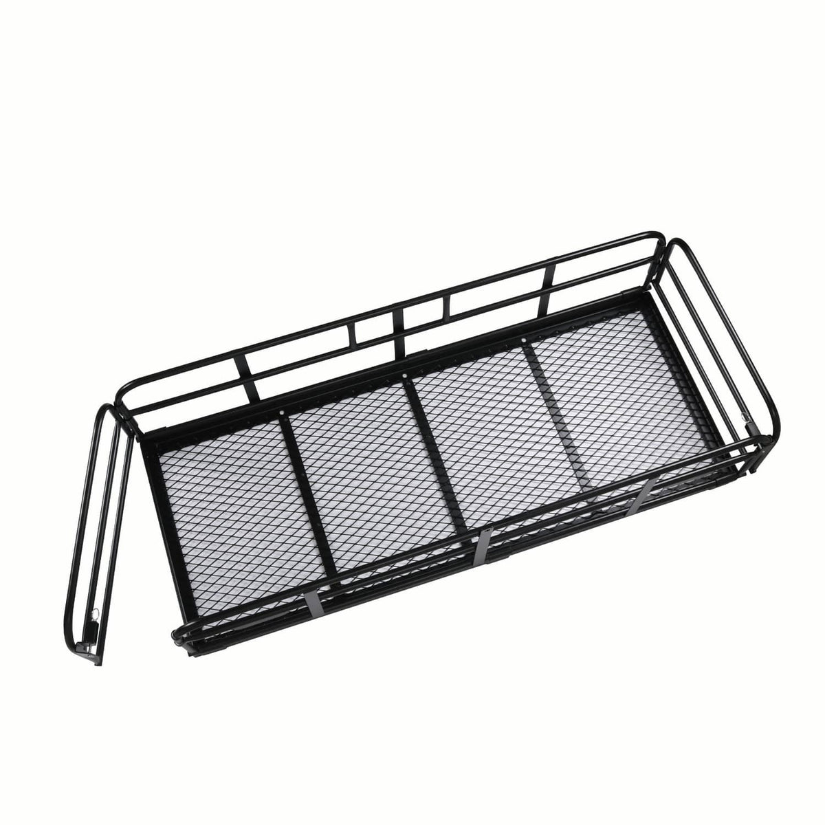 Rectangular hitch cargo carrier basket with black mesh floor and side rails, folded rack