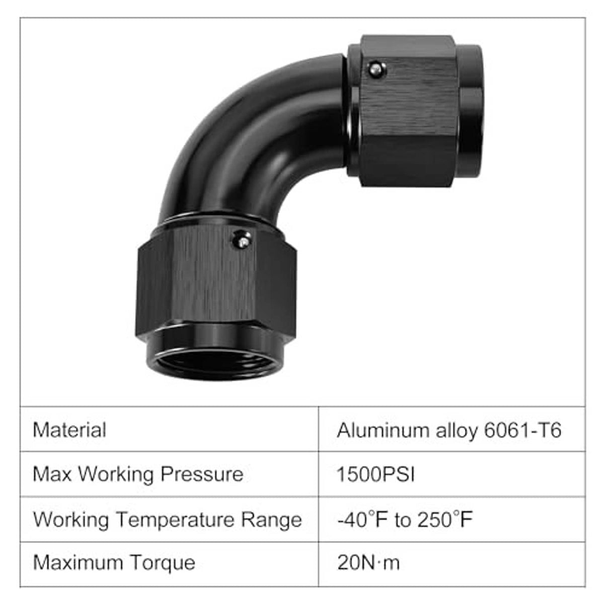 Black 90-degree AN coupler with threaded ports and swivel nut, aluminum alloy