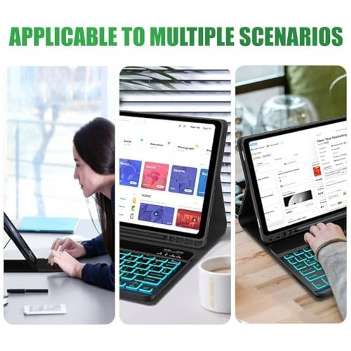 Black keyboard case with green backlit keys, tablet propped for typing
