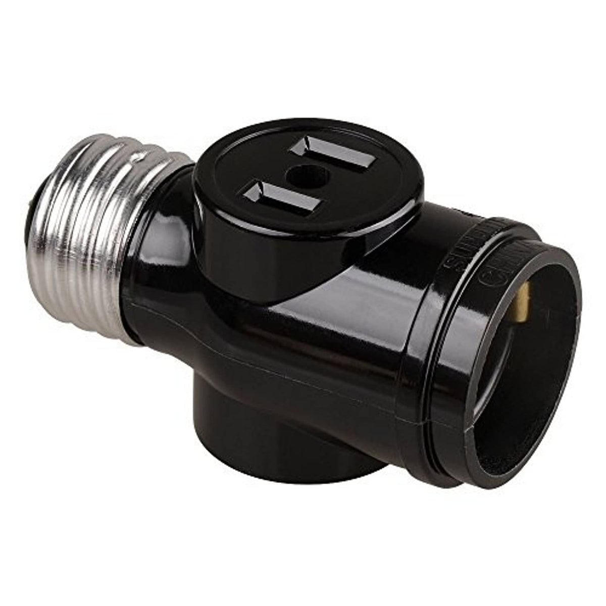 Black plug-style light socket adapter with chrome screw thread and slot face.