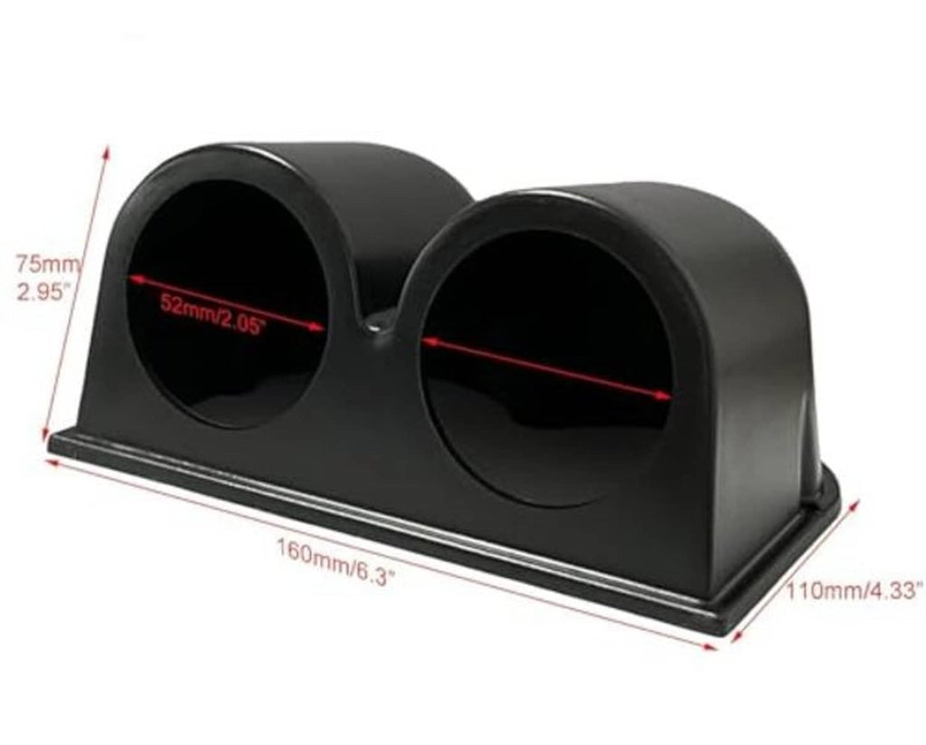 Black ABS double gauge pod with two 52mm openings; size marked on image