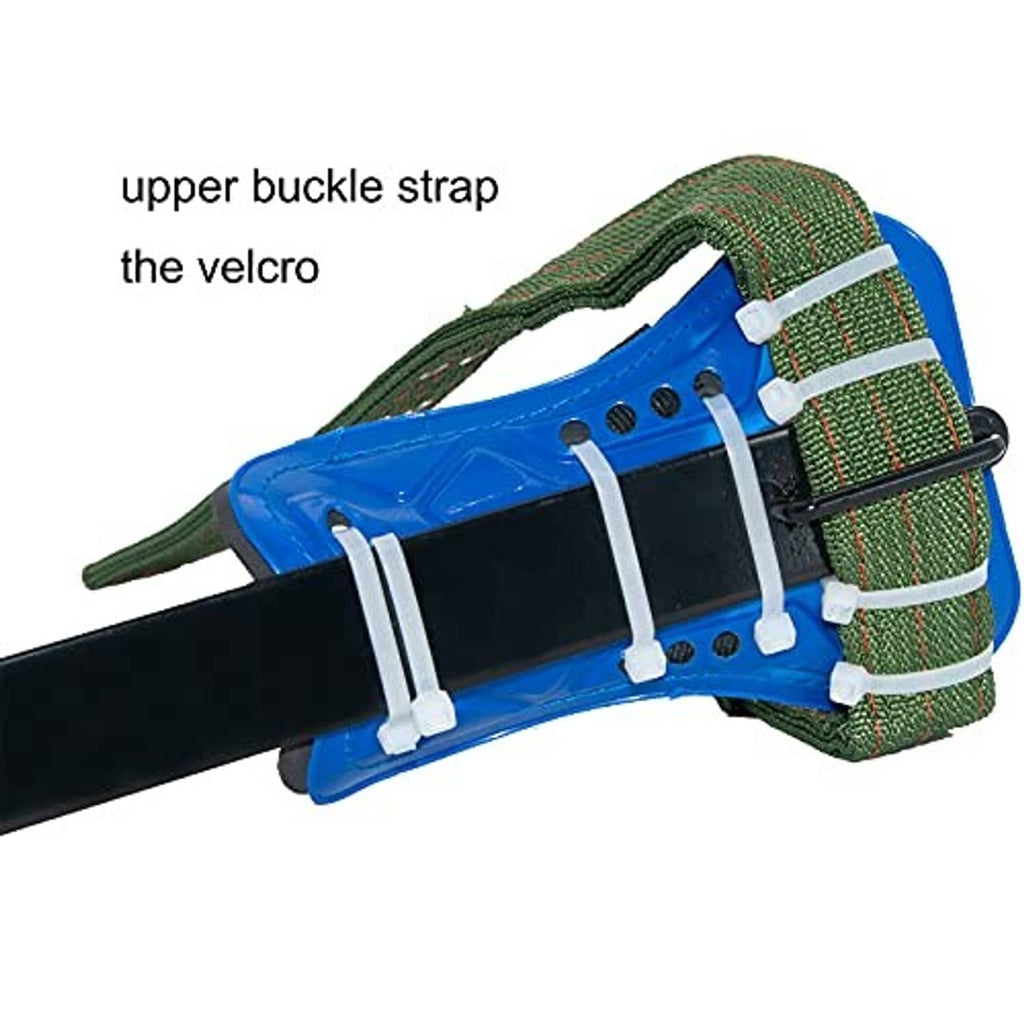 Blue leg guard with green webbing strap and upper buckle for climbing spikes