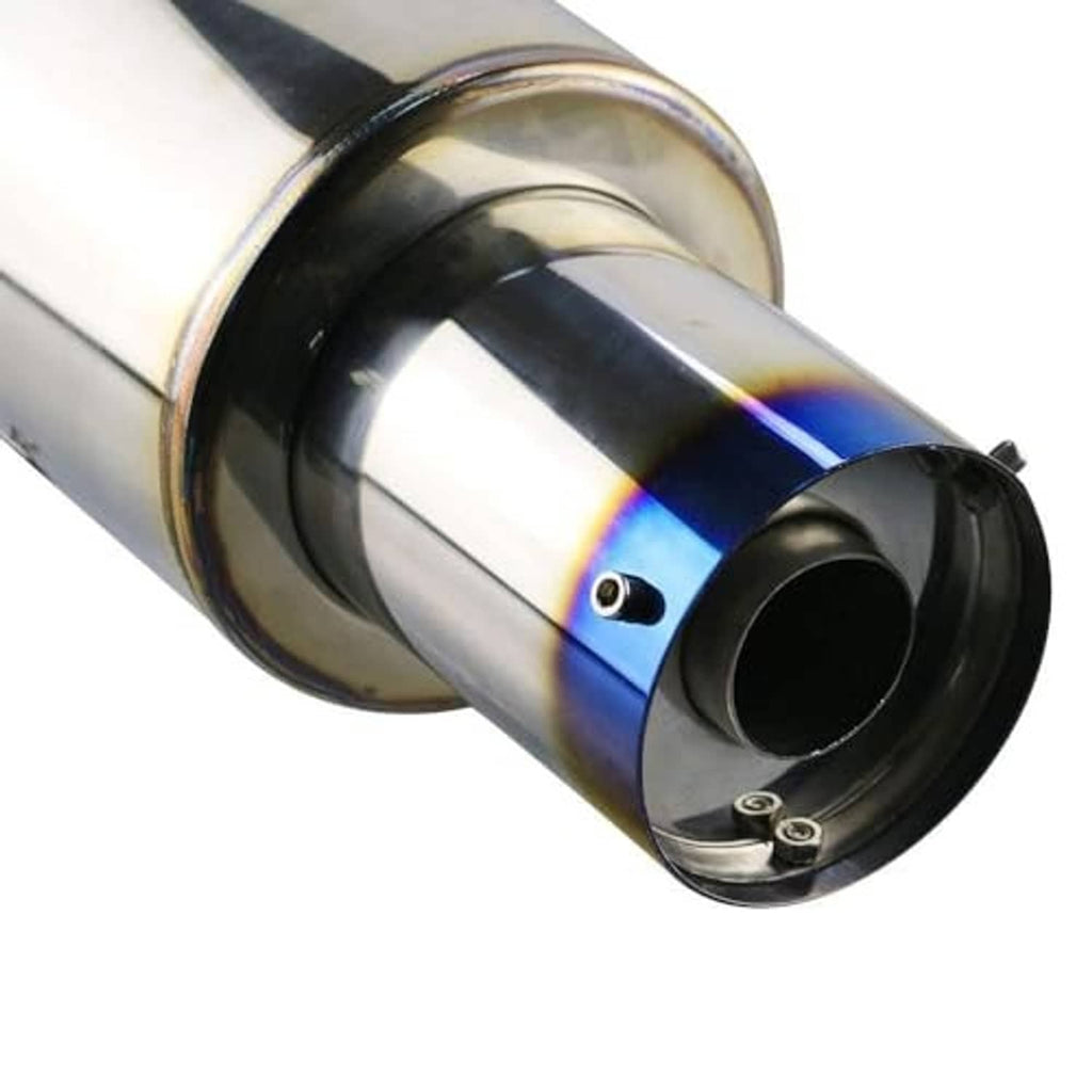 3.5in exhaust muffler tip with black inner pipe, stainless rim, blue-tinted heat band