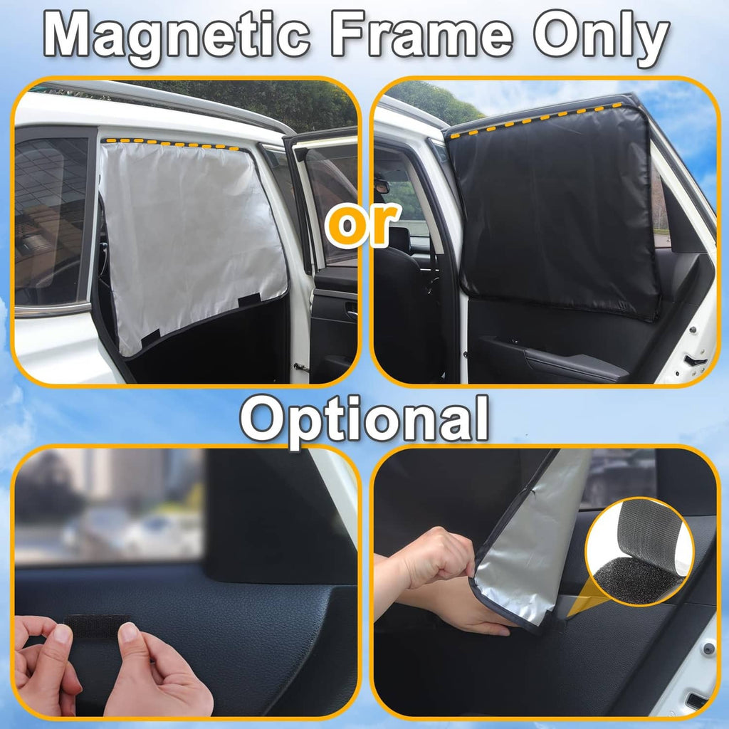 Black side car window shade with magnetic frame, shown on car door