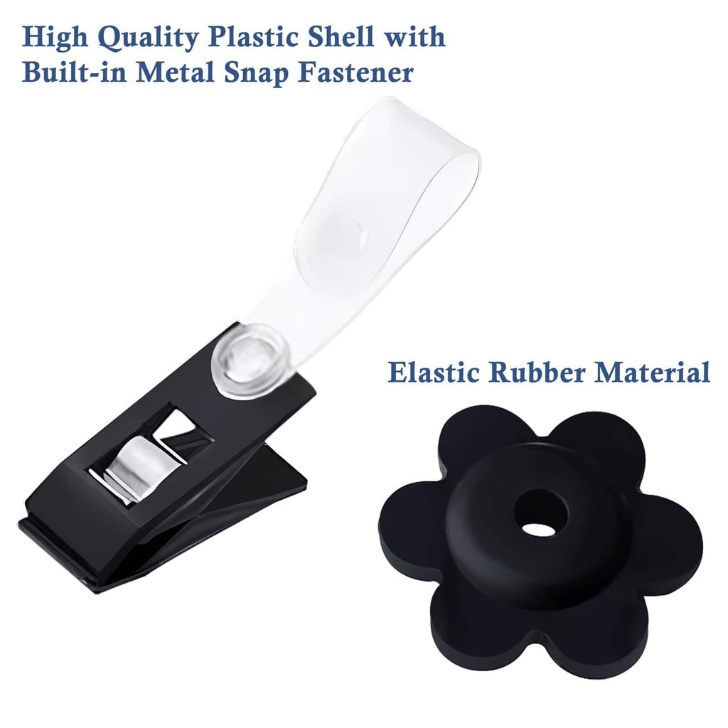 White plastic garden flag clip with black clamp and black rubber flower stopper