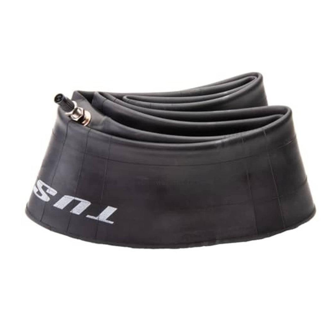 Black motorcycle inner tube (2mm), folded with valve stem and threaded connector