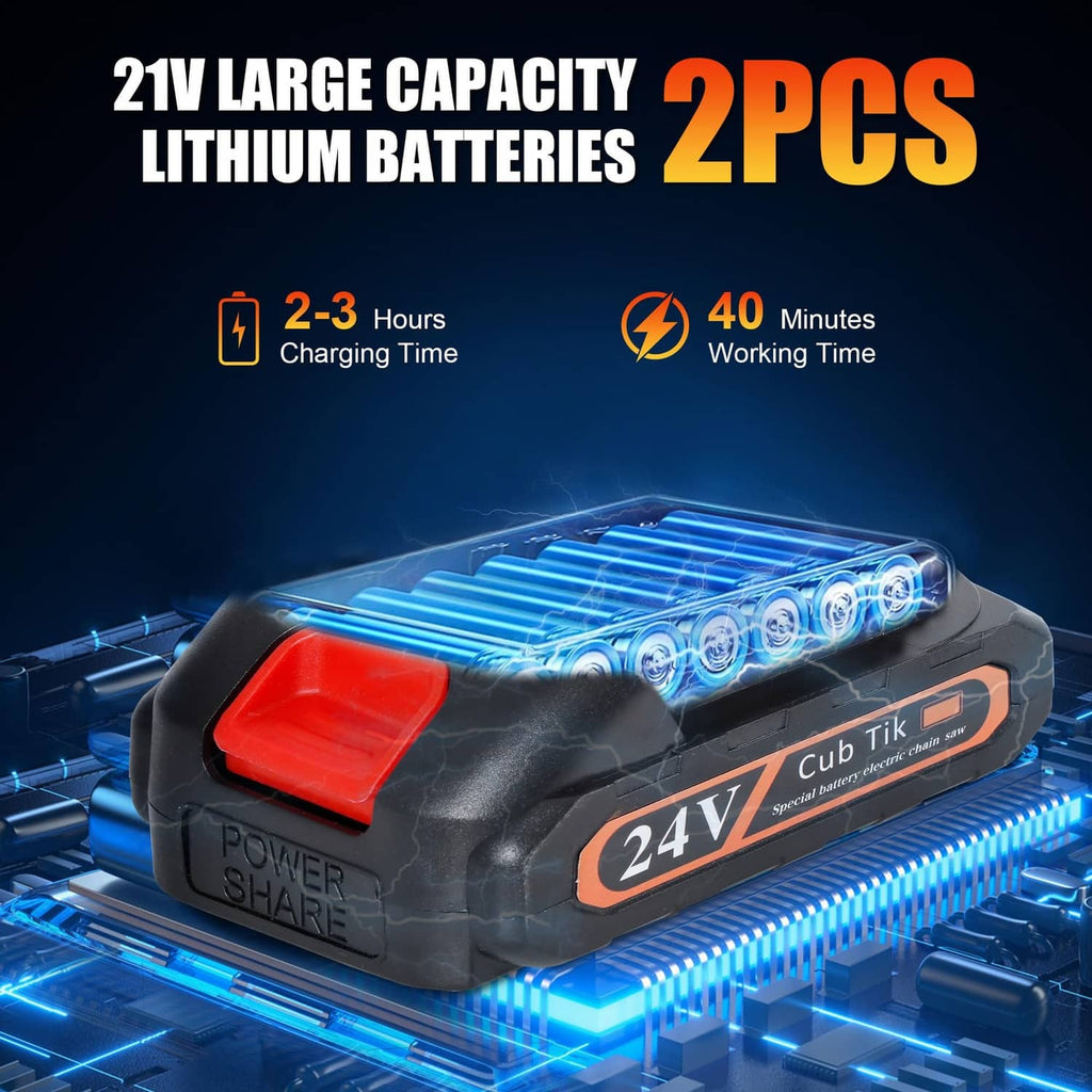 Mini cordless chainsaw with 24V battery pack, showing two lithium batteries and indicator lights