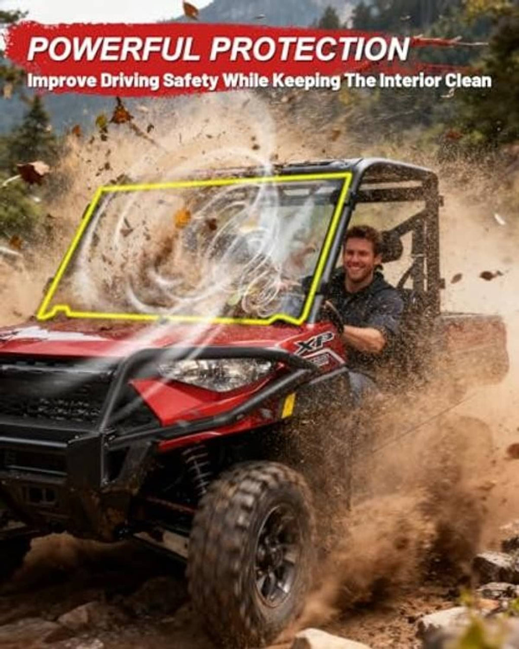 UTV full windshield with clear panel and black frame for improved protection