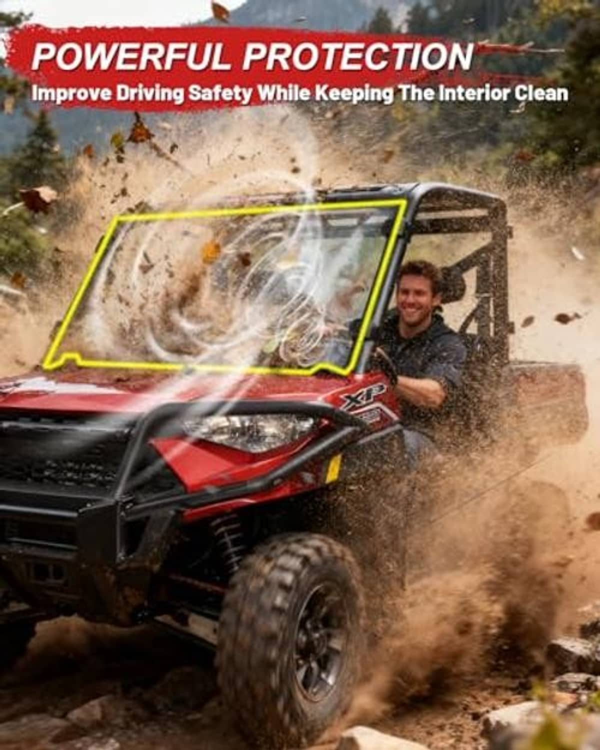 UTV full windshield with clear panel and black frame for improved protection
