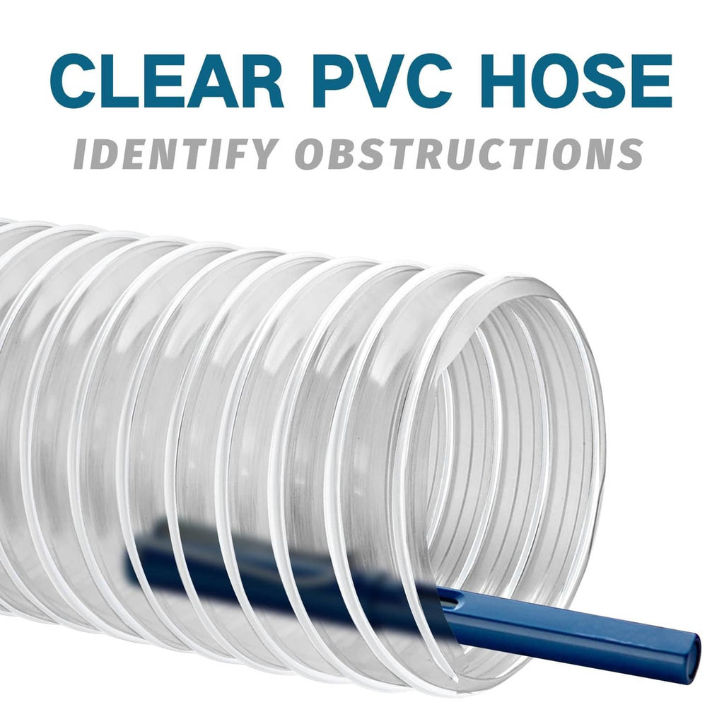 Clear ribbed PVC dust collection hose coil with open end and blue insert