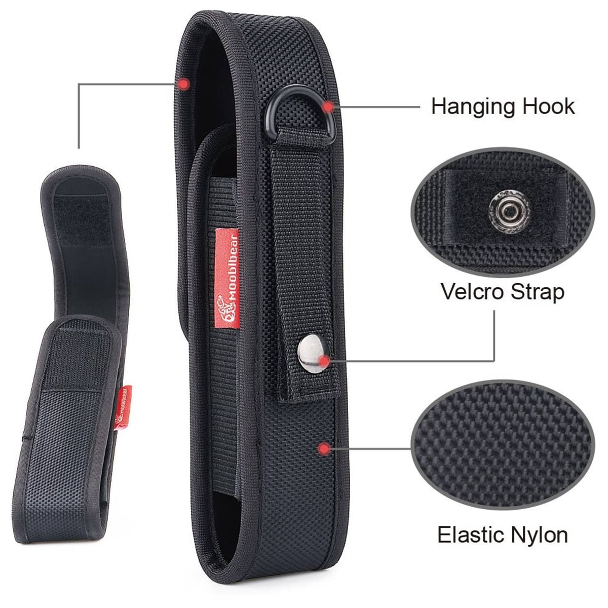 Black nylon flashlight holster with hanging hook, Velcro strap, and elastic nylon loop