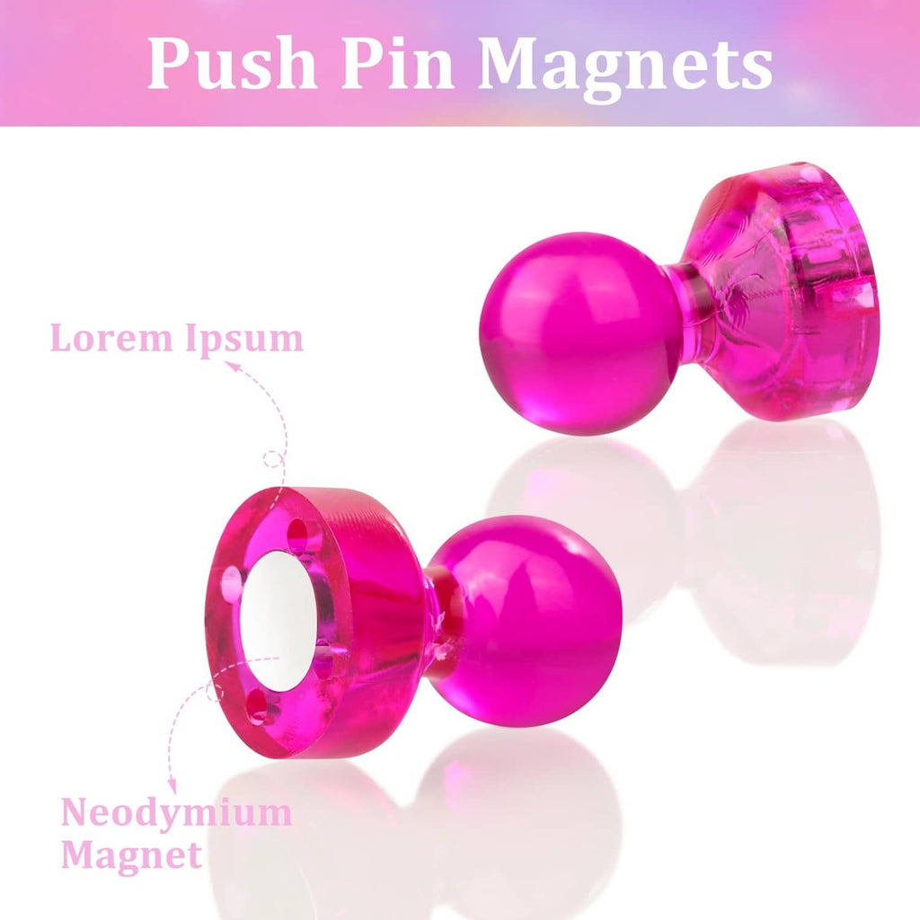 Pair of pink magnetic push pin magnets with clear bases and glossy domed heads