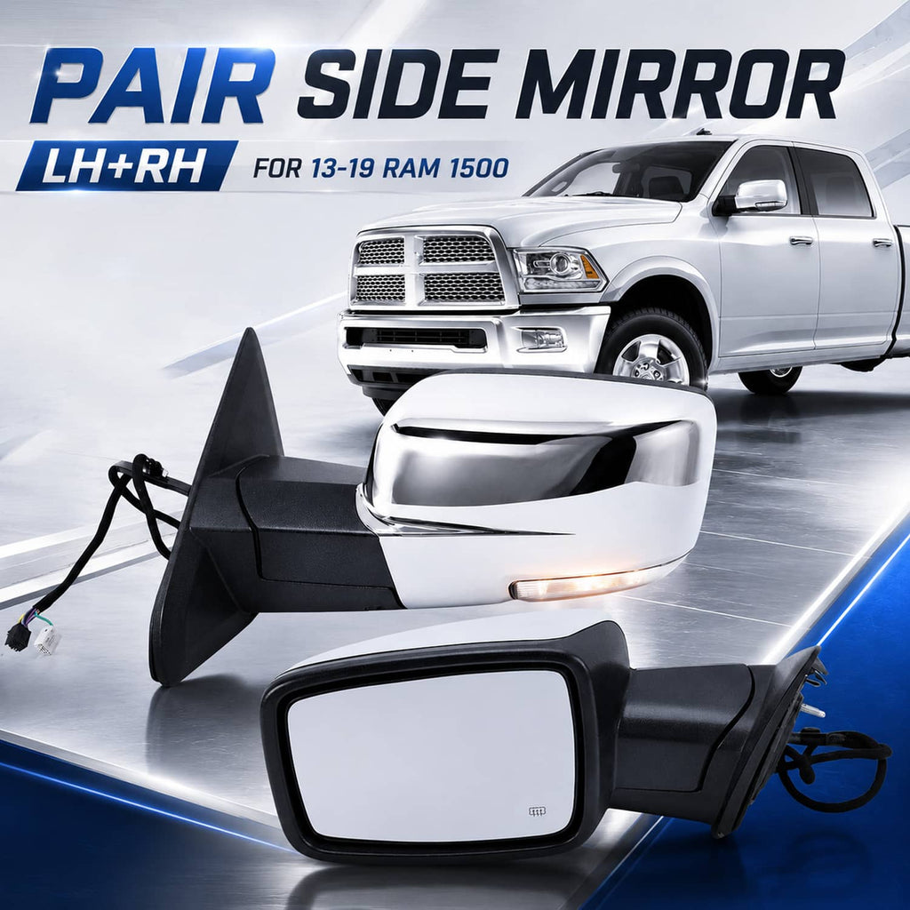 Pair of chrome side mirrors with clear glass and amber turn-signal strip, power-fold