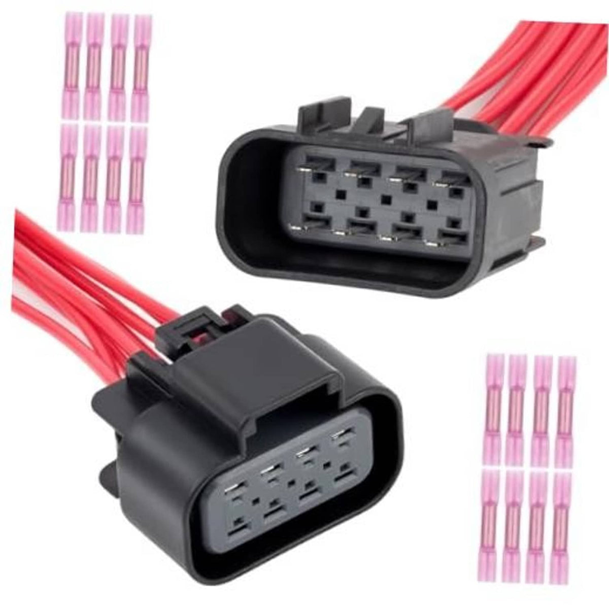Headlight wiring harness connector pair with black housings and red lead wires