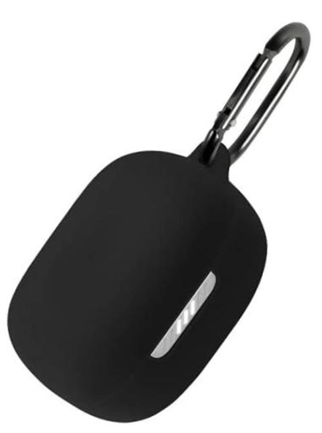 Black silicone earbud case with built-in carabiner clip, protective cover