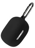 Black silicone earbud case with built-in carabiner clip, protective cover