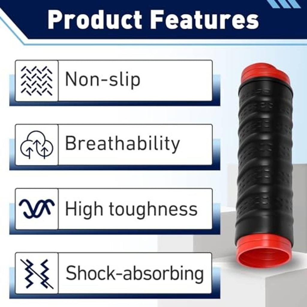 Black ribbed silicone handlebar grip cover with red end cap, close-up