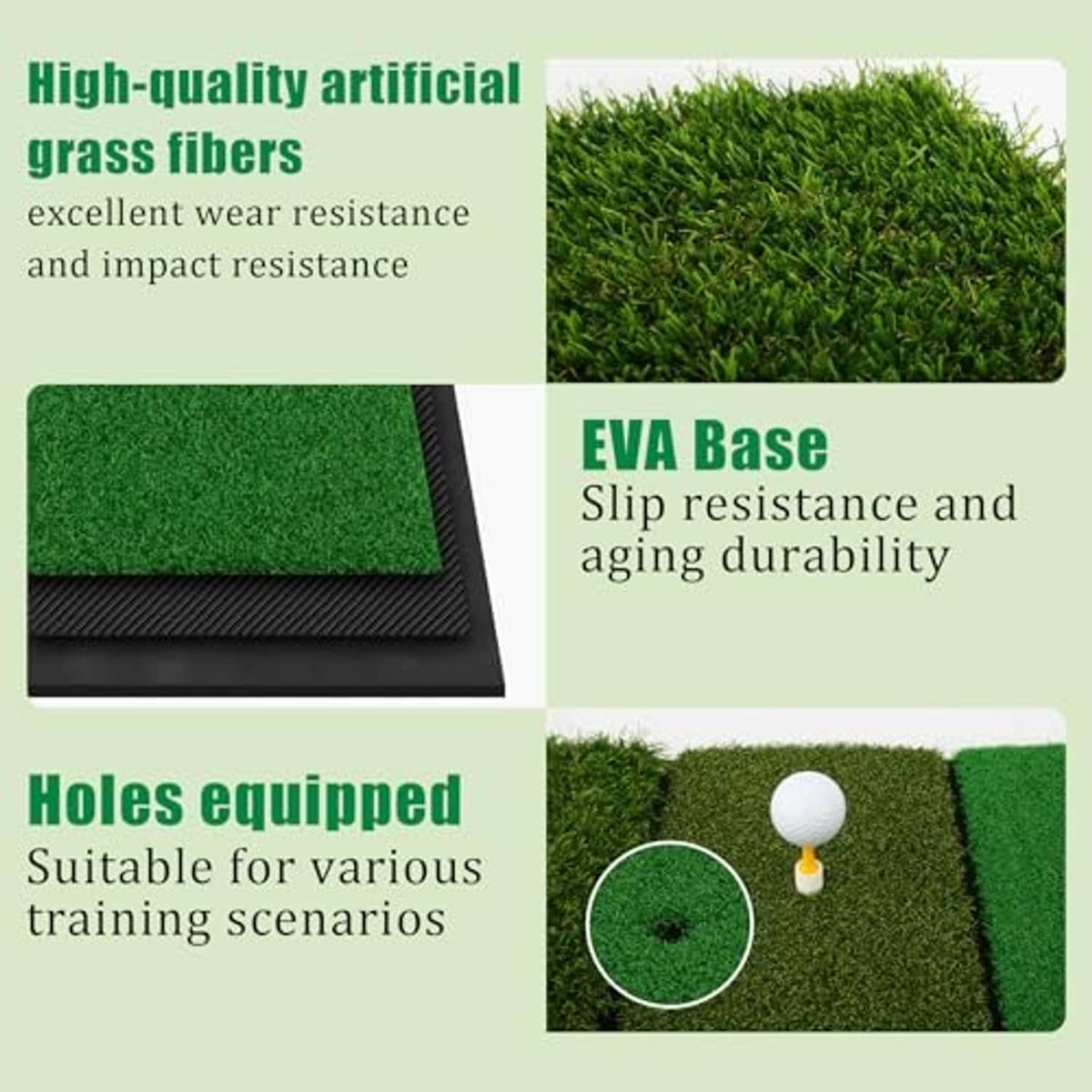 Artificial turf hitting mat with black base edge and golf tee with a white practice ball.