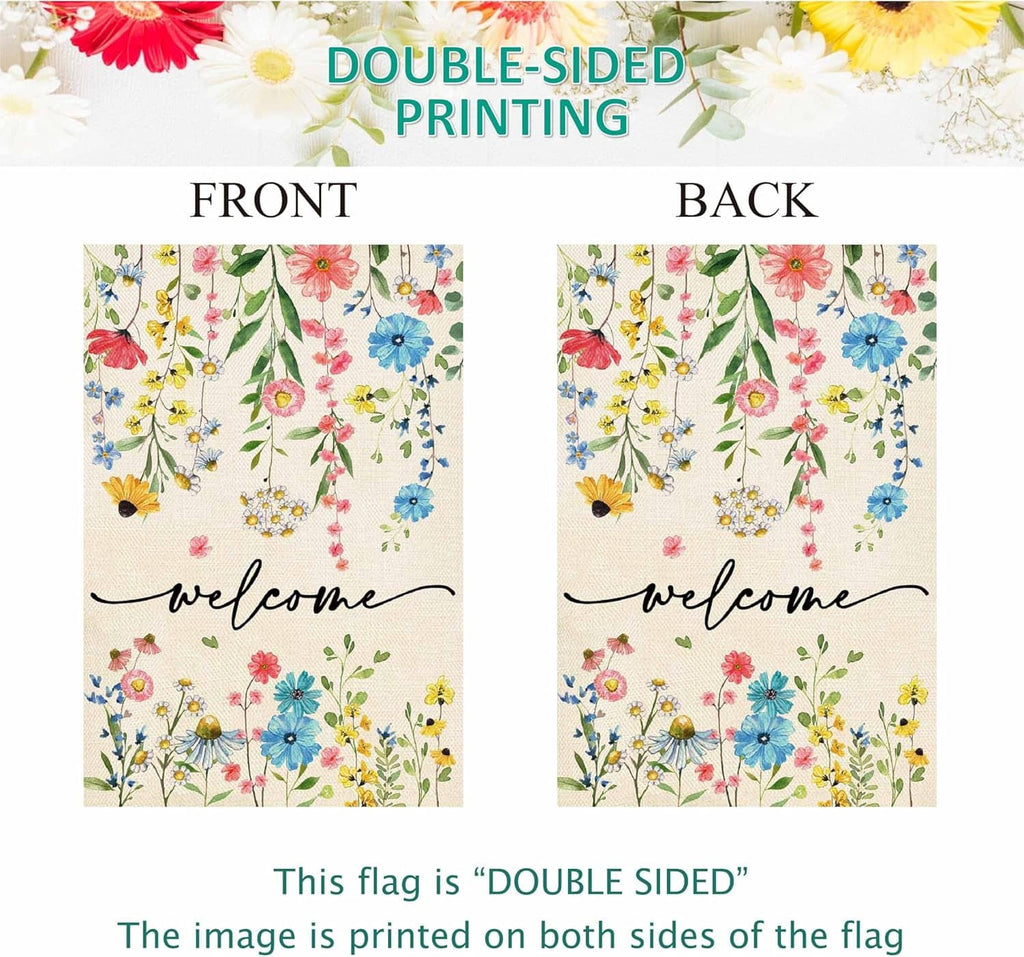 Double-sided floral welcome house flag with black “welcome” script and multicolor flowers